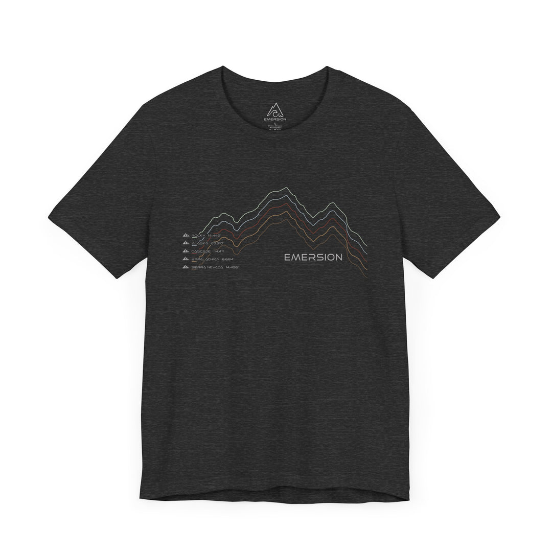 Dark gray heather colored graphic t-shirt with mountain design and text with five mountain ranges and their elevations and Emersion Apparel branding