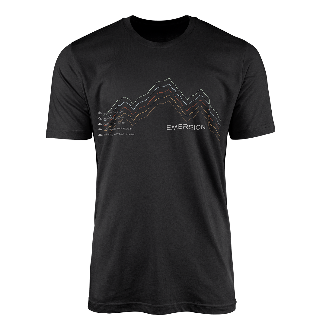 Black heather colored graphic t-shirt with mountain design and text with five mountain ranges and their elevations and Emersion Apparel branding