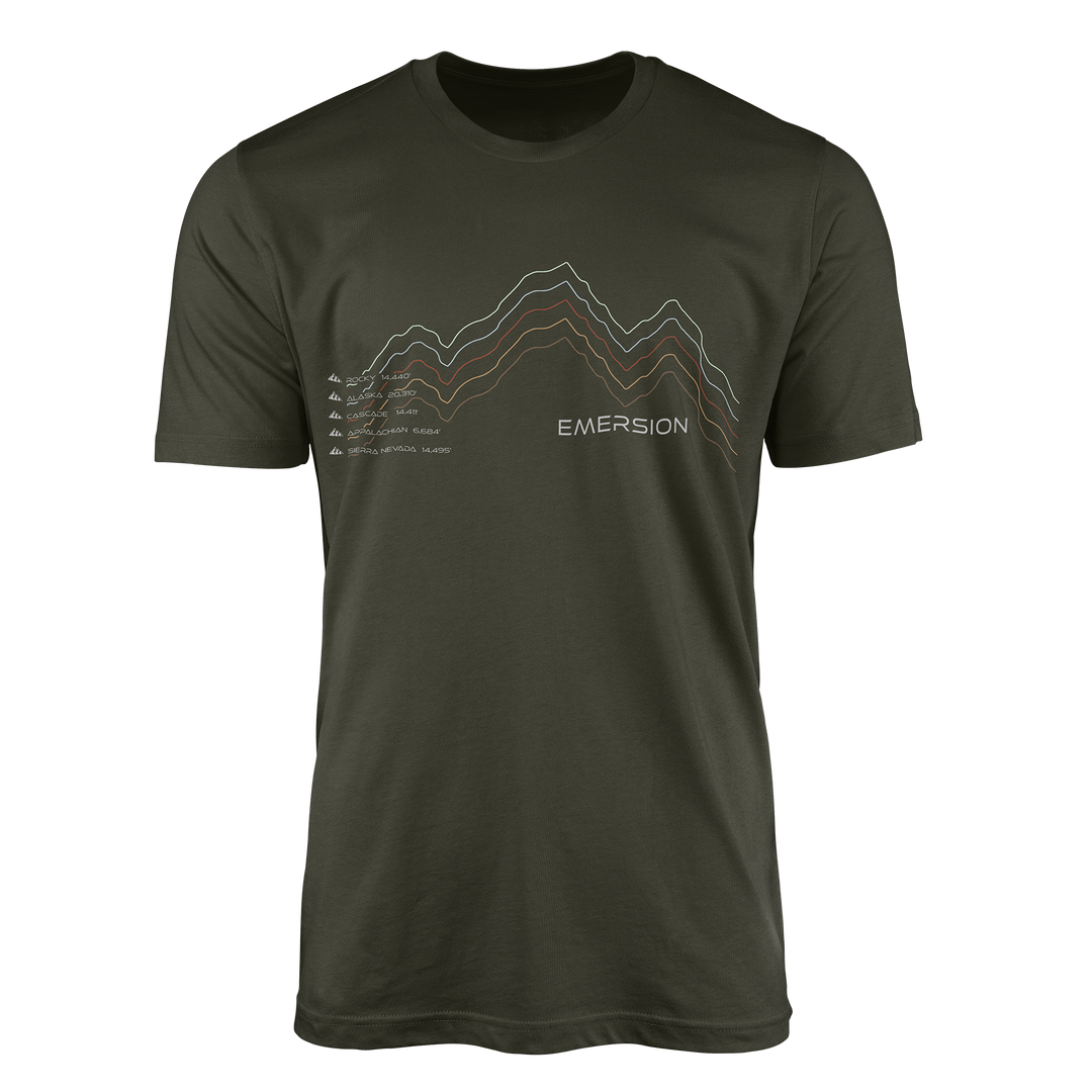 Dark olive colored graphic t-shirt with mountain design and text with five mountain ranges and their elevations and Emersion Apparel branding