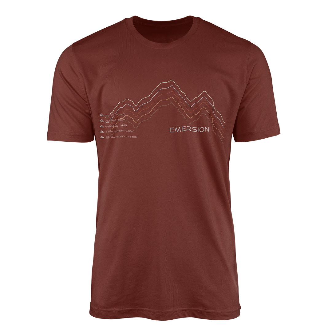 Rust colored graphic t-shirt with mountain design and text with five mountain ranges and their elevations and Emersion Apparel branding