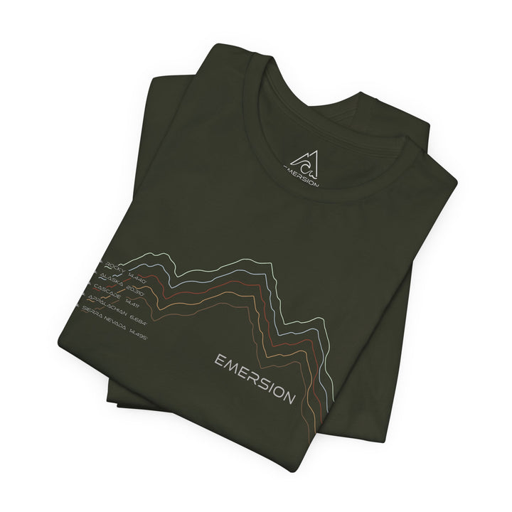 Folded dark olive colored graphic t-shirt with mountain design and text with five mountain ranges and their elevations and Emersion Apparel branding